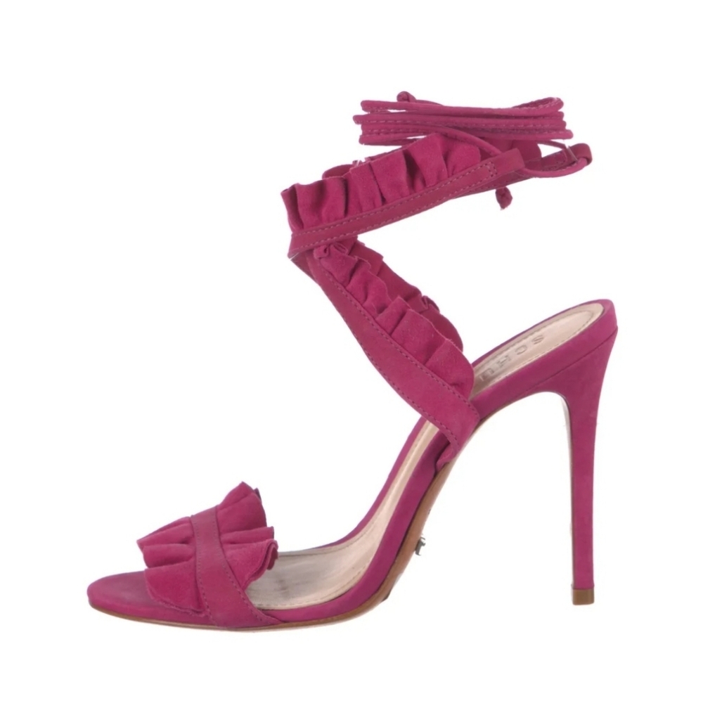 🎀Clearance🎀 Schutz PINK Suede Ruffle Embellishment Sandals Heels 4" Heels - Picture 5 of 6